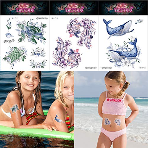 Qpout 120 piezas Tatuajes temporales de animales del océano para niños, animales marinos falsos peces tropicales del océano tiburón delfín pegatinas de tatuaje a prueba de agua niñas niños fiesta de