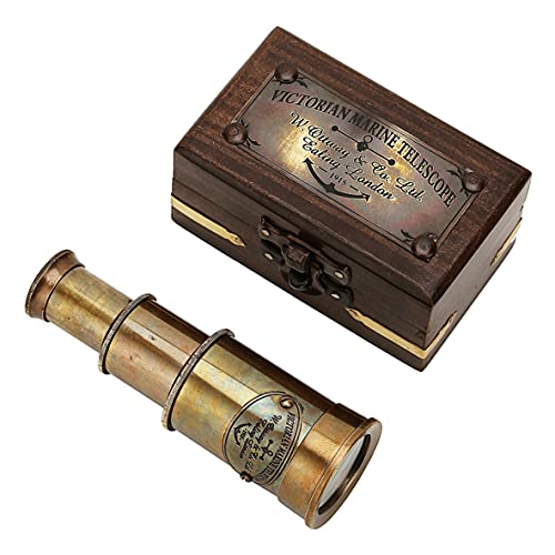 raajsee Mini telescopio pirata Spyglass antiguo acabado de latón con caja de madera pequeño vintage pirata marino telescopio decorativo 6 ''