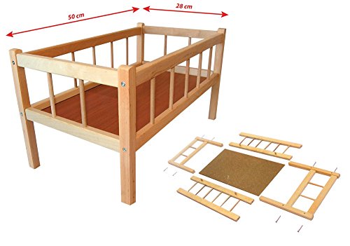 Rappa 112094 - Cama para muñecas grande de madera natural, 50 cm de longitud, fácil de montar