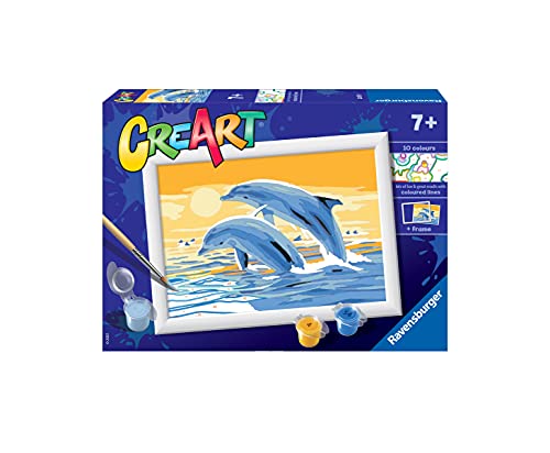 Ravensburger, CreArt, Delfines Amigos, Kit de Pintura, Pintar por Números, Juego Creativo para Niños y Niñas, 2 Pinceles y 1 Marco, Edad Recomendada 7+