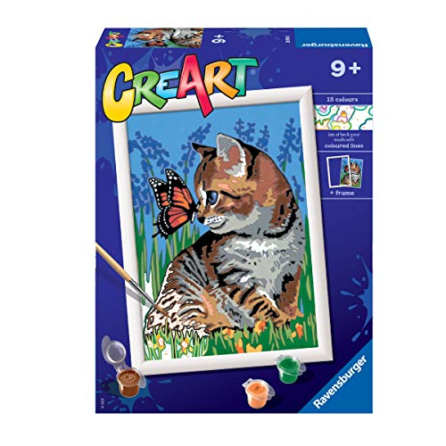 Ravensburger CreArt Gatito y Mariposa, Kit de Pintura, Pintar por Números, Juego Creativo para Niños y Niñas, Edad Recomendada 9+