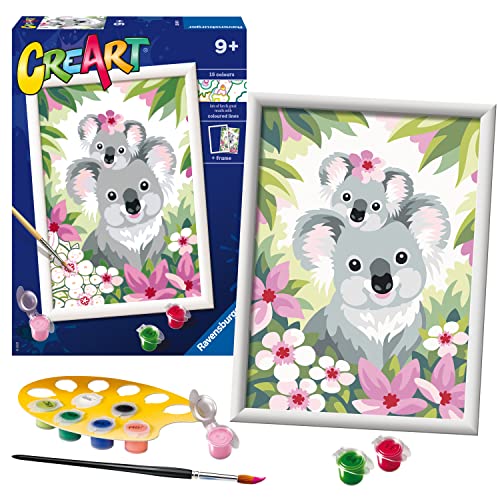 Ravensburger, CreArt, Koalas Adorables, Kit de Pintura, Pintar por Números, Juego Creativo para Niños y Niñas, 2 Pinceles y 1 Marco, Edad Recomendada 9+