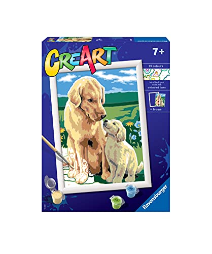 Ravensburger, CreArt, Retriever en el Prado, Kit de Pintura, Pintar por Números, Juego Creativo para Niños y Niñas, 2 Pinceles y 1 Marco, Edad Recomendada 7+