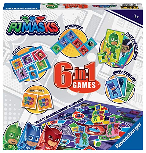 Ravensburger PJ Masks - Compendio de Juegos 6 en 1 para niños y familias de 3 años en adelante, Bingo, dominó, Serpientes y escaleras, Damas, Cartas de Juego y Juego de Memoria