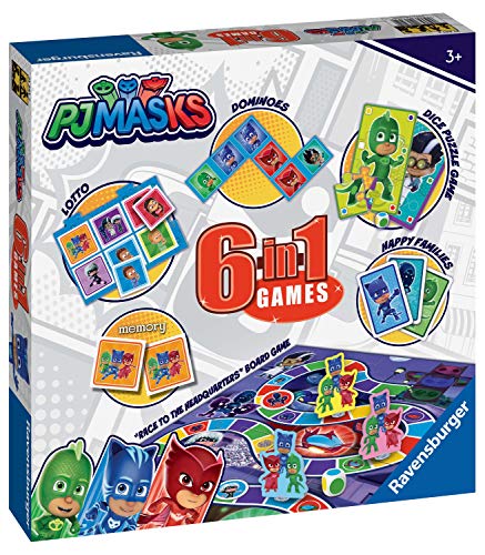 Ravensburger PJ Masks - Compendio de Juegos 6 en 1 para niños y familias de 3 años en adelante, Bingo, dominó, Serpientes y escaleras, Damas, Cartas de Juego y Juego de Memoria