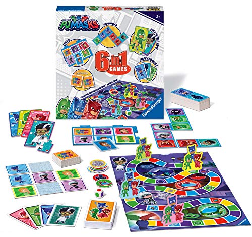 Ravensburger PJ Masks - Compendio de Juegos 6 en 1 para niños y familias de 3 años en adelante, Bingo, dominó, Serpientes y escaleras, Damas, Cartas de Juego y Juego de Memoria