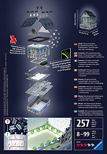 Ravensburger Puzzle, Puzzle 3D, Casa Embrujada, Edición Nocturna, 216 Piezas, con LED, Edad Recomendada 10+, Rompecabezas de Calidad