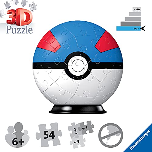 RAVENSBURGER PUZZLE Ravensburger 11265-Puzzle 3D Pokéballs (54 Piezas, para Fans de Pokémon a Partir de 6 años), Color Blanco (11265)