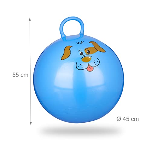 Relaxdays Bola Saltarina para Niños, Pelota Saltar Animales, Balón Infantil, 45 cm Diámetro, PVC, Azul, color, 45 x 45 x 55 cm (10022554_45)