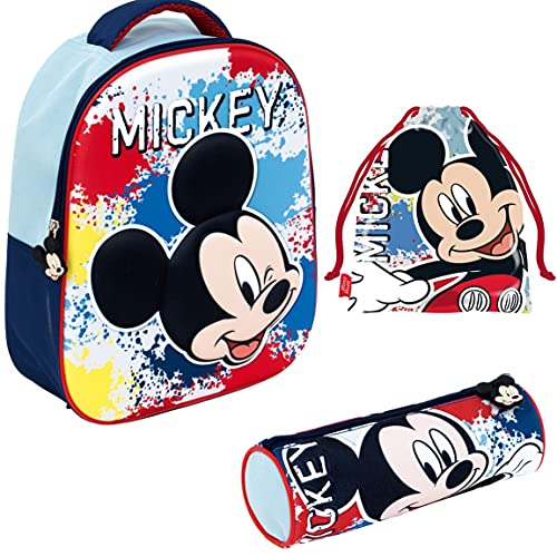 REQUETEGUAY Mochila Mickey Mouse Disney 3D Infantil Niños (32 cms) + Estuche Mickey Mouse Portatodo + Bolsa Mickey Mouse para Merienda