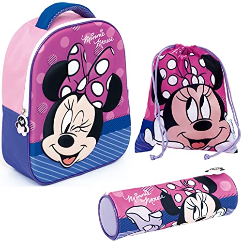 REQUETEGUAY Mochila Minnie Mouse 3D Infantil Niñas (32 cms) + Estuche Minnie Mouse Portatodo + Bolsa Minnie Mouse para Merienda