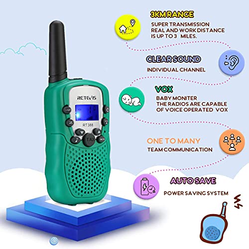 Retevis RT388 Walkie Talkie para Niños, Walkie Talkie Niños, 8 Canales PMR446 Linterna VOX, Regalos de Juguetes para Niños, para Cámping, Gardín u Otras Actividades al Aire Libre (2 Piezas, Verde)