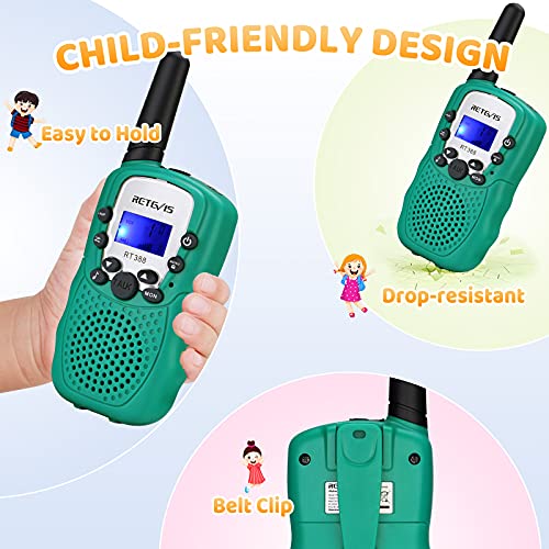 Retevis RT388 Walkie Talkie para Niños, Walkie Talkie Niños, 8 Canales PMR446 Linterna VOX, Regalos de Juguetes para Niños, para Cámping, Gardín u Otras Actividades al Aire Libre (2 Piezas, Verde)