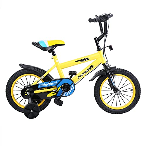 Ridgeyard Bicicleta infantil de 14 pulgadas para niños de equilibrio para aprender a montar a caballo, con ruedas de apoyo con timbre para niños de 3 a 8 años (amarillo)