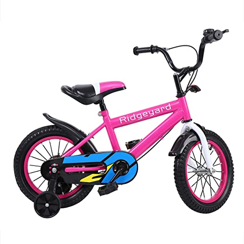 Ridgeyard Bicicleta infantil de 14 pulgadas para niños de equilibrio para aprender a montar a caballo, con ruedas de apoyo con timbre para niños de 3 a 8 años (rosa rojo)