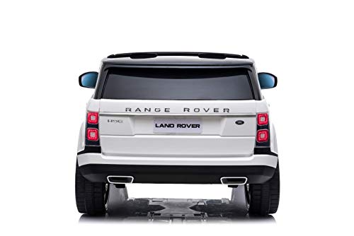 RIRICAR Range Rover Eléctrico, Blanco, Doble Asiento De Cuero, Pantalla LCD con Entrada USB, Unidad 4x4, Batería 2X 12V 7Ah, Ruedas EVA, Arranque con Llave, Control Remoto Bluetooth 2.4 GHz