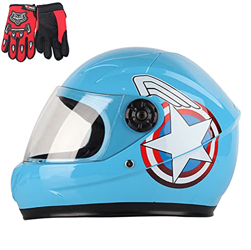 RJHY Cascos para Motocicletas Infantiles, Cascos completos, niños y niñas, Scooters de Bicicleta para niños Cascos de Motocicletas y Guantes, adecuados Durante 4-10 años,Azul