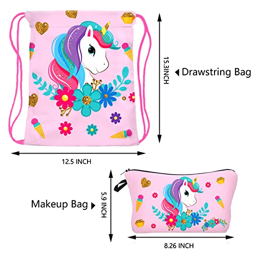 RLGPBON Pack 5 Unicornios Mochila con cordón/Maquillaje Bolsa/Collar de Cadena de aleación/Pulsera/5 Piezas de Lazos para el Cabello Unicornio/Unicornio Drawstring Gift para niñas