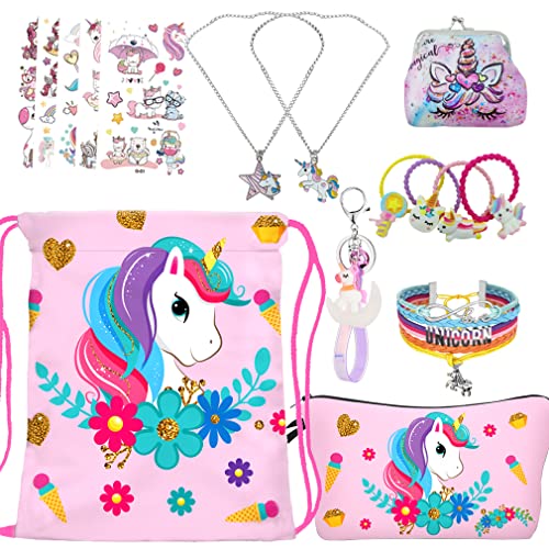 RLGPBON Pack 5 Unicornios Mochila con cordón/Maquillaje Bolsa/Collar de Cadena de aleación/Pulsera/5 Piezas de Lazos para el Cabello Unicornio/Unicornio Drawstring Gift para niñas