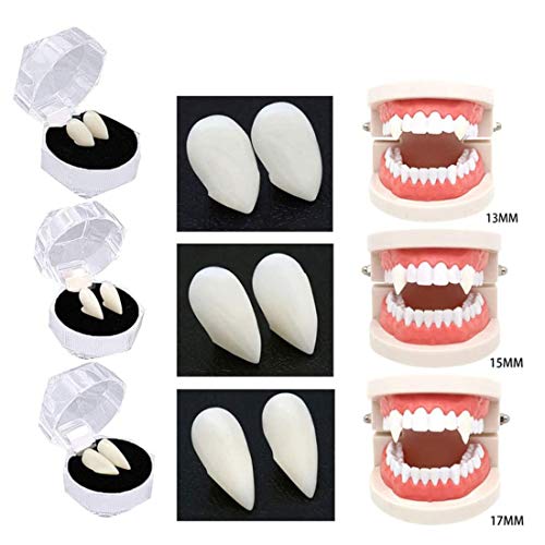 ROHANA Dientes de vampiro, colmillos de vampiro DIY Halloween Dress Up, Halloween Cosplay Dientes Props, Halloween Maquillaje Cosplay Disfraz, 3 pares (1,3 cm, 1,5 cm, 1,7 cm)