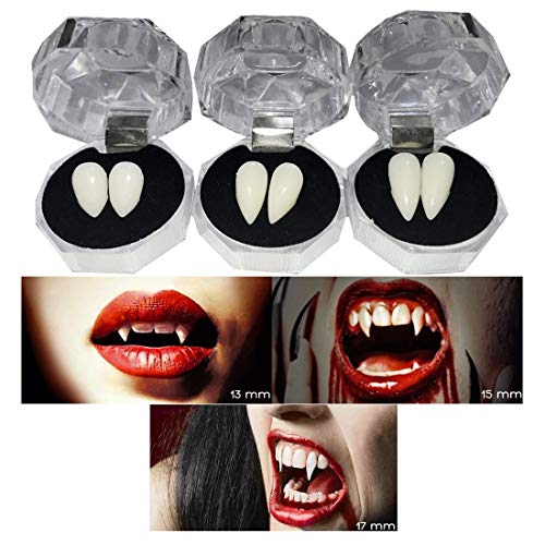 ROHANA Dientes de vampiro, colmillos de vampiro DIY Halloween Dress Up, Halloween Cosplay Dientes Props, Halloween Maquillaje Cosplay Disfraz, 3 pares (1,3 cm, 1,5 cm, 1,7 cm)