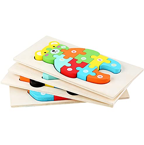 Rompecabezas - Puzzles de Madera educativos. Pack de 4 Puzzles (Autobús, Barco, Dinosaurio y Osito)