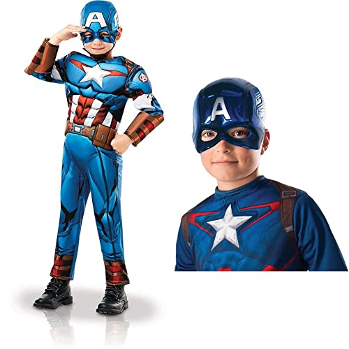 Rubies 640833M Disfraz oficial de Marvel Avengers Capitán América de lujo para niños, de 5 a 6 años, altura 116 cm + Avengers-39217 Mascara Capitan America Avengers Inf, Multicolor, Talla única