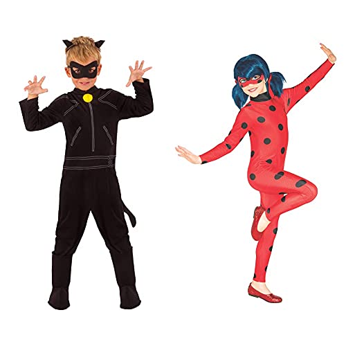 Rubies Ladybug Disfraz de Cat Noir para niños, talla 7-8 años (Rubie'S 640904-L) + Ladybug Disfraz para niños, Talla S (3-4 años)