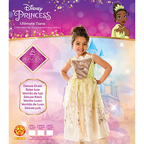 Rubies Rubie'S Official Disney Ultimate Princess Deluxe Tiana Girls Costume, Kids Fancy Dress Disfraz, Multicolor, M para Niñas