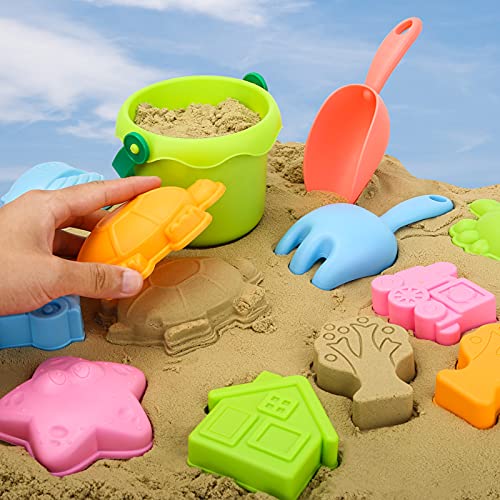 Sanlebi Juguetes de Playa para Niños en Bolsa de Malla con Cubo Playa Palas Rastrillo Moldes de Arena Juegos Playa para Niños (11 PCS)