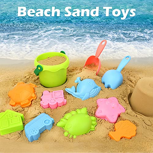 Sanlebi Juguetes de Playa para Niños en Bolsa de Malla con Cubo Playa Palas Rastrillo Moldes de Arena Juegos Playa para Niños (11 PCS)