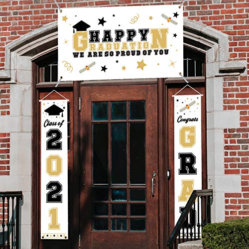 SAVITA 3 Piezas Banner de Porche de Graduación - Class of 2021 & Congrats Grad + Happy Graduation & We Are So Proud OF YOU Letrero de Porche Para Decoración de Interiores Y Exteriores