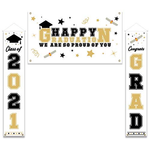 SAVITA 3 Piezas Banner de Porche de Graduación - Class of 2021 & Congrats Grad + Happy Graduation & We Are So Proud OF YOU Letrero de Porche Para Decoración de Interiores Y Exteriores