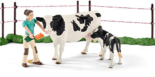 Schleich - Farm World, Set de Vacas, Incluye Vaca Holstein, Ternero Holstein, Campesino, Remolque abrevadero, Carretilla de Leche y Accesorios