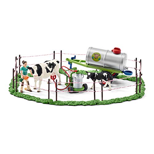 Schleich - Farm World, Set de Vacas, Incluye Vaca Holstein, Ternero Holstein, Campesino, Remolque abrevadero, Carretilla de Leche y Accesorios