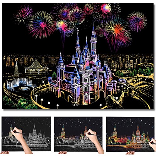 Scratch Art, Scratch Art Paper DIY Night View Scratchboard for Adult and Kids,Size 11.2''x16'' (Castle)