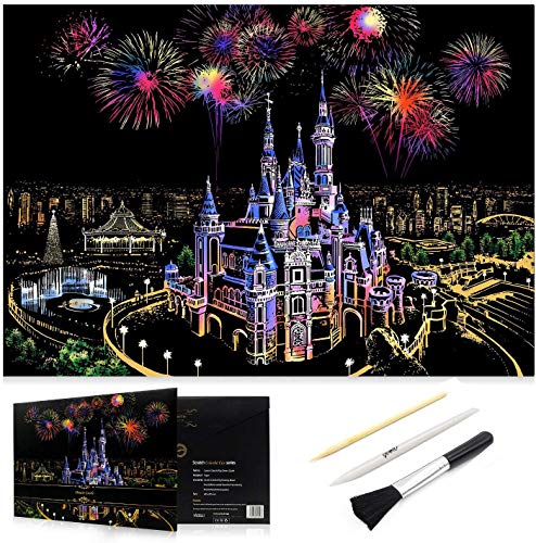 Scratch Art, Scratch Art Paper DIY Night View Scratchboard for Adult and Kids,Size 11.2''x16'' (Castle)