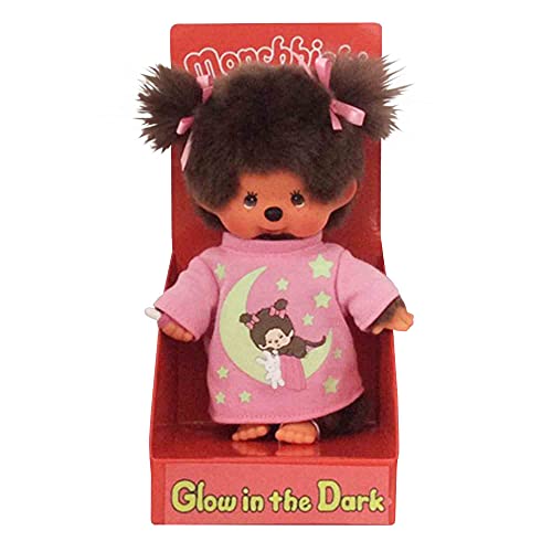 Sekiguchi 223732-Original niña Monchhichi, de Felpa, Camisa de Dormir Rosa, Elementos Que Brillan en la Oscuridad y coletas con Lazos, de Unos 20 cm de Altura, Color marrón (223732)