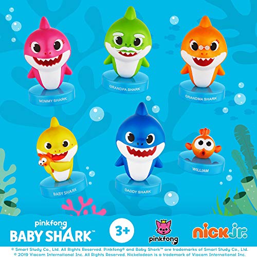 Sellos Baby Shark, paquete de 12, sellos de Baby Shark (tiburón bebé) con tinta incorporada, figuras para decorar fiestas, tartas, papá, mamá, bebé, y abuelos tiburón y William de PMI, 6 cm, PVC suave