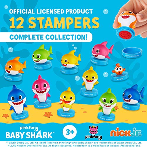 Sellos Baby Shark, paquete de 12, sellos de Baby Shark (tiburón bebé) con tinta incorporada, figuras para decorar fiestas, tartas, papá, mamá, bebé, y abuelos tiburón y William de PMI, 6 cm, PVC suave