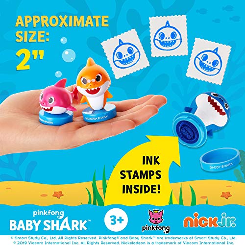 Sellos Baby Shark, paquete de 12, sellos de Baby Shark (tiburón bebé) con tinta incorporada, figuras para decorar fiestas, tartas, papá, mamá, bebé, y abuelos tiburón y William de PMI, 6 cm, PVC suave