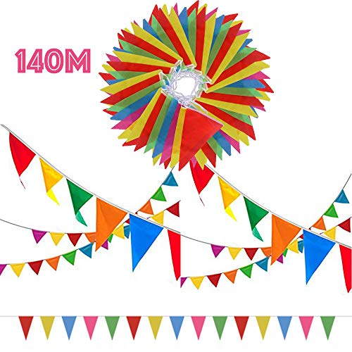 SERWOO 140m/290pcs Guirnaldas Banderas Banderines Fiesta Colores Triángulo Bunting Colgantes Decoración Cumpleaños Boda Celebracion Bienvenida Navidad Víspera Bar Adornos, 140m Total, 17 * 28cm