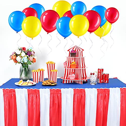 Set de 54 Decoraciones de Fiesta Circo Carnaval, Incluye 2 Faldas de Mesa Roja y Blanca de Tema de Circo, 2 Manteles de PE Desechable y 50 Globos de Látex Azul Rojo Amarillo (Mantel Azul)