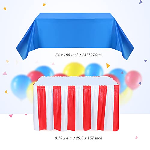 Set de 54 Decoraciones de Fiesta Circo Carnaval, Incluye 2 Faldas de Mesa Roja y Blanca de Tema de Circo, 2 Manteles de PE Desechable y 50 Globos de Látex Azul Rojo Amarillo (Mantel Azul)