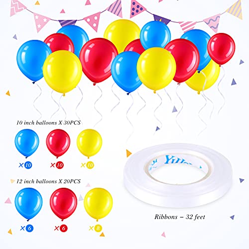 Set de 54 Decoraciones de Fiesta Circo Carnaval, Incluye 2 Faldas de Mesa Roja y Blanca de Tema de Circo, 2 Manteles de PE Desechable y 50 Globos de Látex Azul Rojo Amarillo (Mantel Azul)