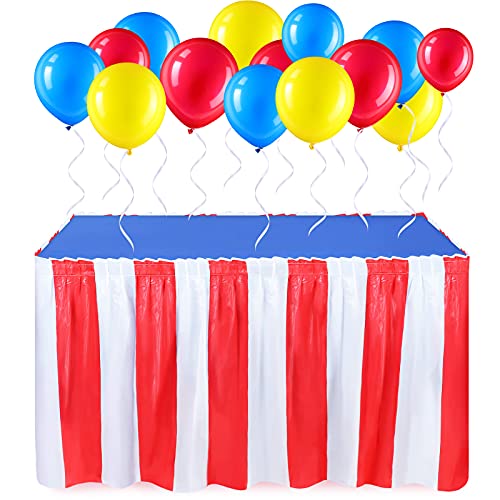 Set de 54 Decoraciones de Fiesta Circo Carnaval, Incluye 2 Faldas de Mesa Roja y Blanca de Tema de Circo, 2 Manteles de PE Desechable y 50 Globos de Látex Azul Rojo Amarillo (Mantel Azul)