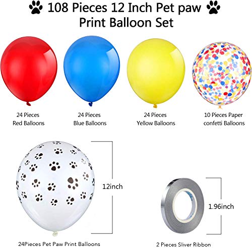 Set de Globos Estampados de 108 Piezas Globos de Látex de Perros Coloridos de 12 Pulgadas Globos de Confeti 2 Piezas Cintas de Plata para Fiesta Temática