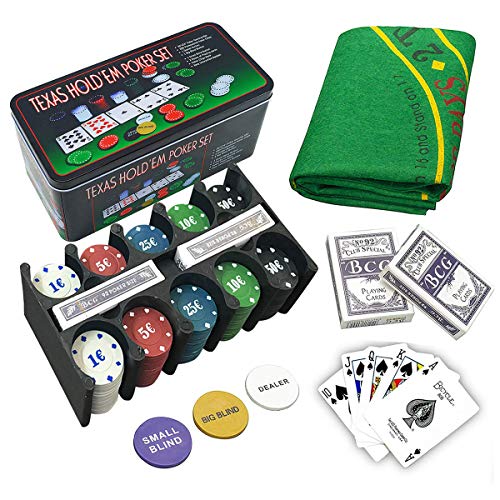 Set de póker Caja de Metal, 200 fichas de póker, 2 Cubiertas, botón de repartidor, ciega pequeña, Gran ciega, tapete de Juego