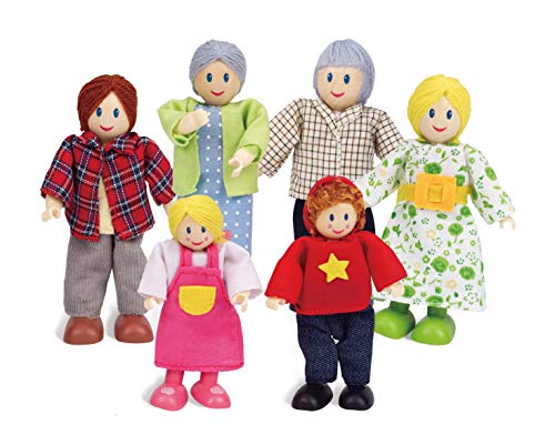 Set Familia de Hape, juego de muñecas familia galardonado, accesorio para la Casa de muñecas de madera infantil, juguete para desarrollar la imaginación, familia de 6 muñecas