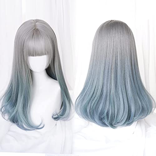 Seupeak Aplicar a Rosa Ombre Azul Azul Larga Lolita con Bangs Mujeres Rainbow Natural Sintético Rizado for Cosplay de Fiesta o Uso Diario (Color : Gray Ombre Blue)